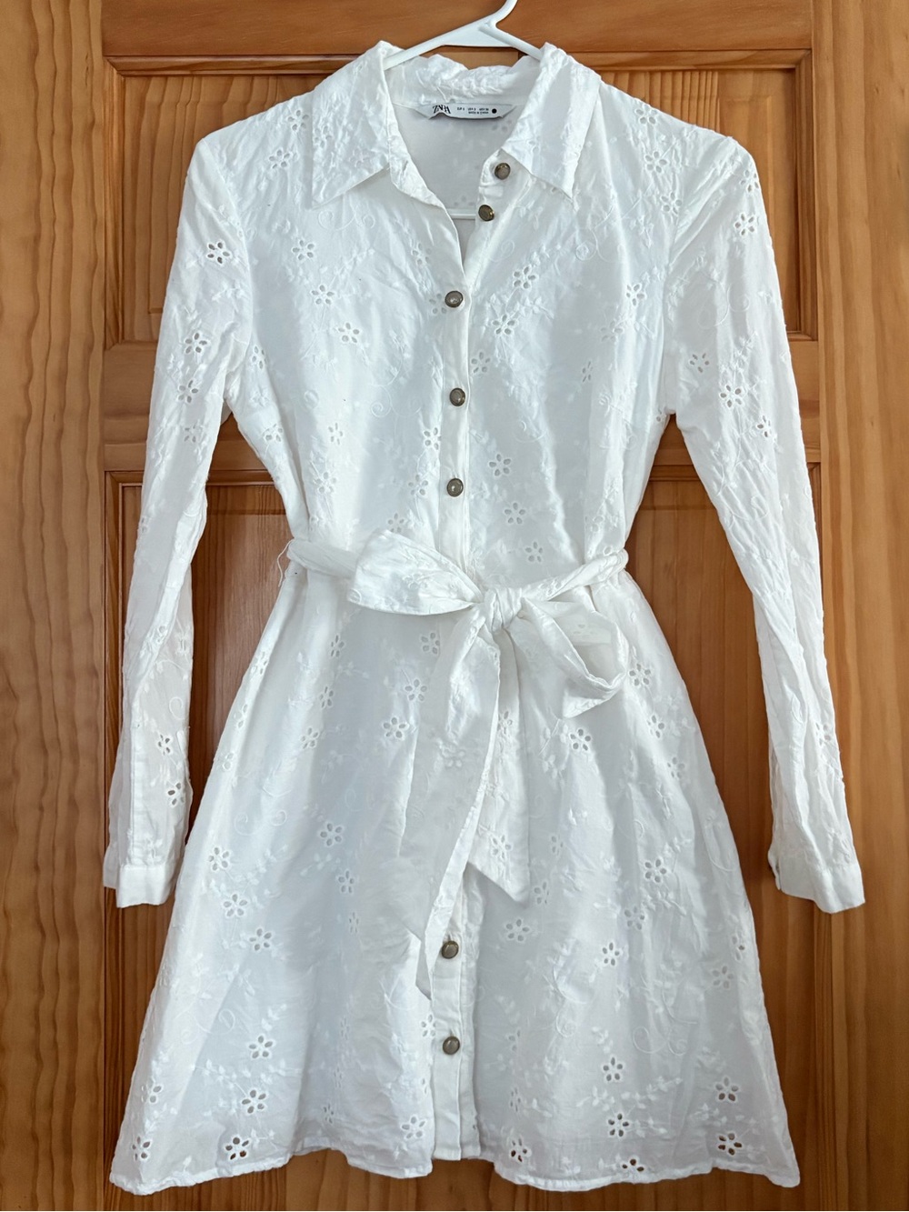 Zara White Eyelet Button-Front Shirt Dress with Tie Waist